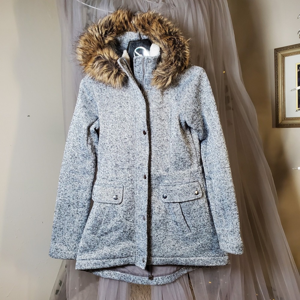Altar'd State Knit Hooded Jacket Pea Coat Zip/Snap Faux Fur Retro S Scandi Girl